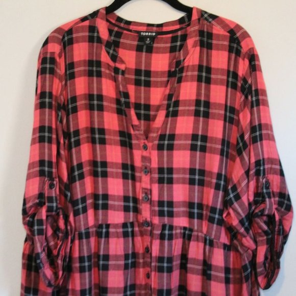 Torrid Lexie Plaid Hi-Lo Challis Tunic Red Black Women's Plus Size 3 3X H11863 - Picture 5 of 11